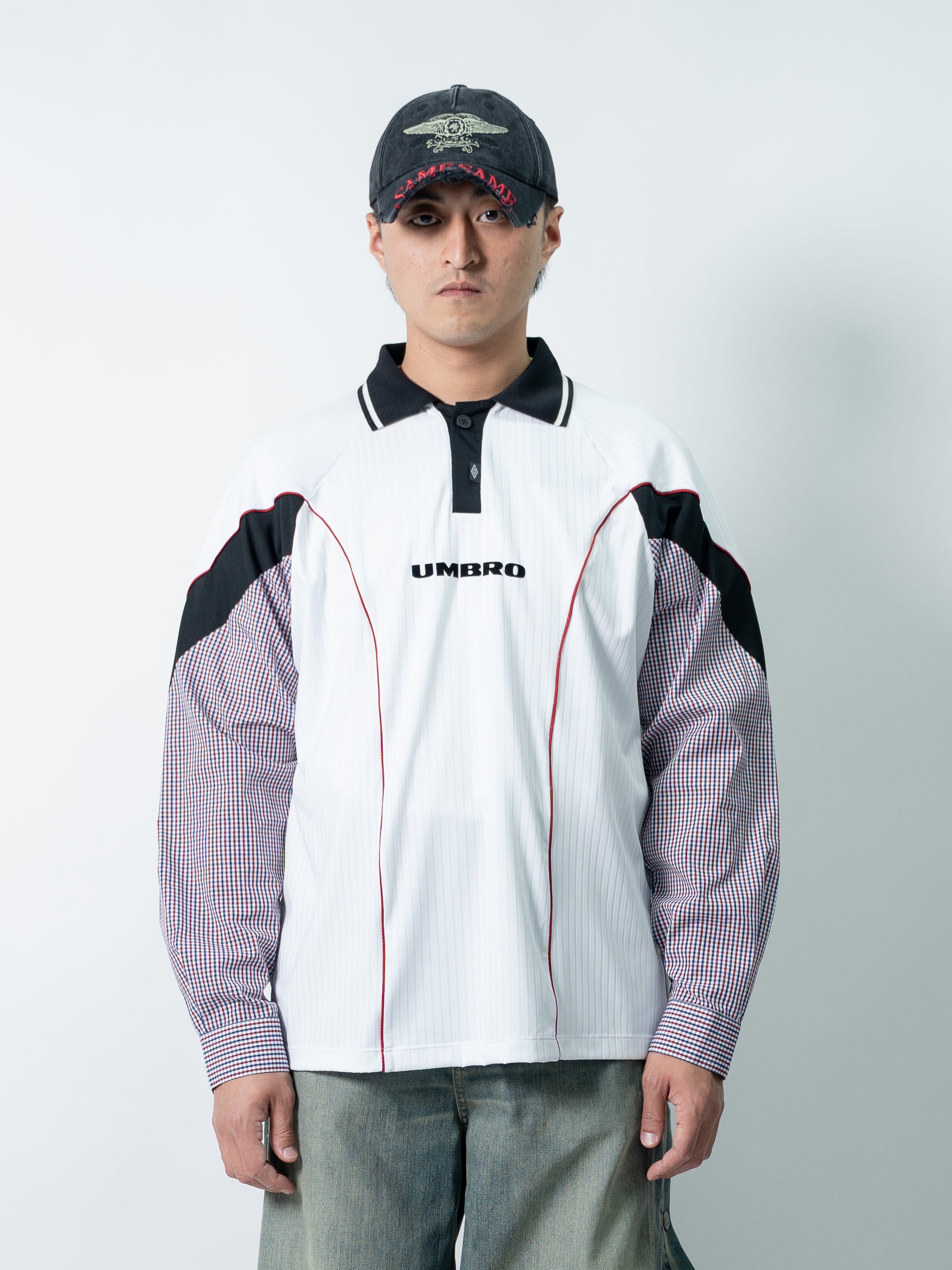 UMBRO■ X Slam Jam] Gingham Cut-Up Polo Tee ■送料込 Umbro White Slam Jam Edition Gingham Cut Up Polo Umbro