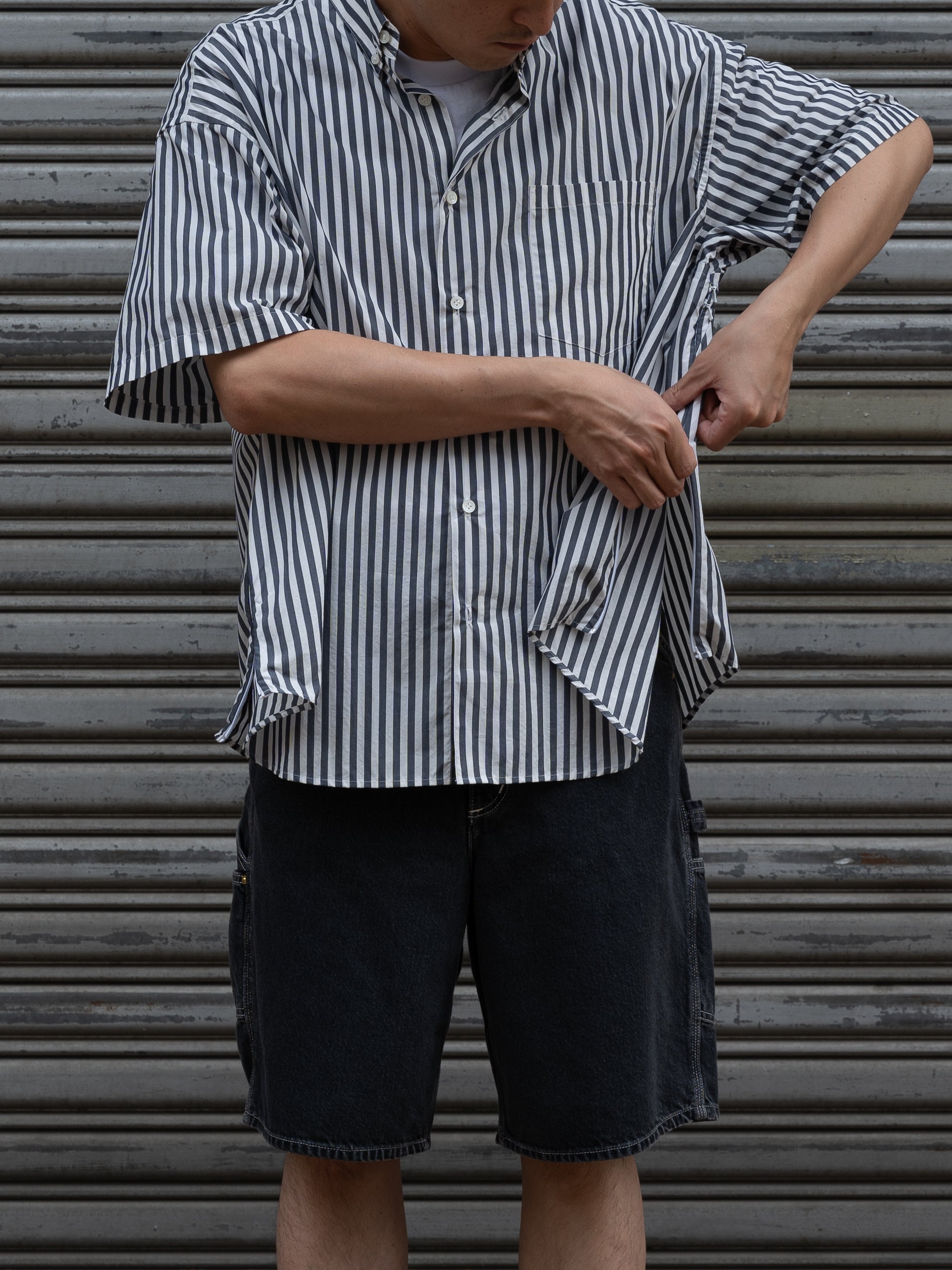 is-ness Ventilation Short Sleeve Shirt (White & Navy Stripe)