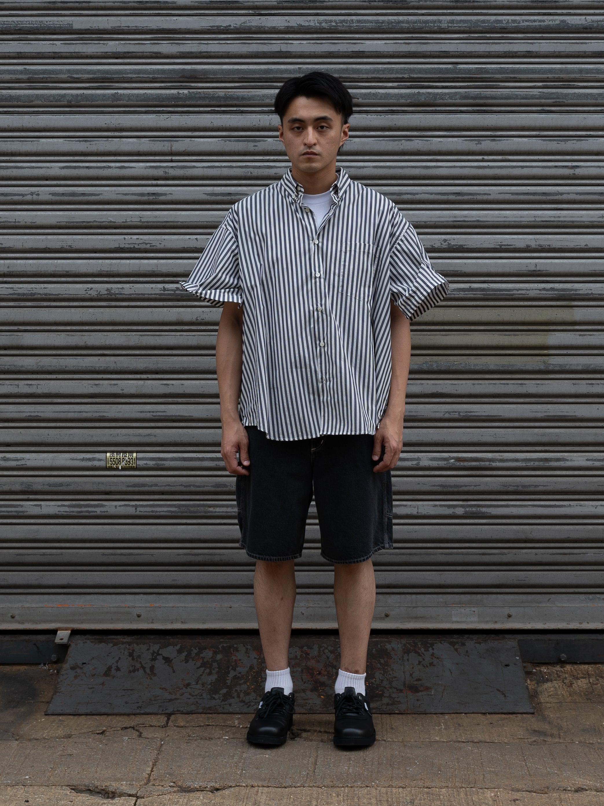 is-ness Ventilation Short Sleeve Shirt (White & Navy Stripe)