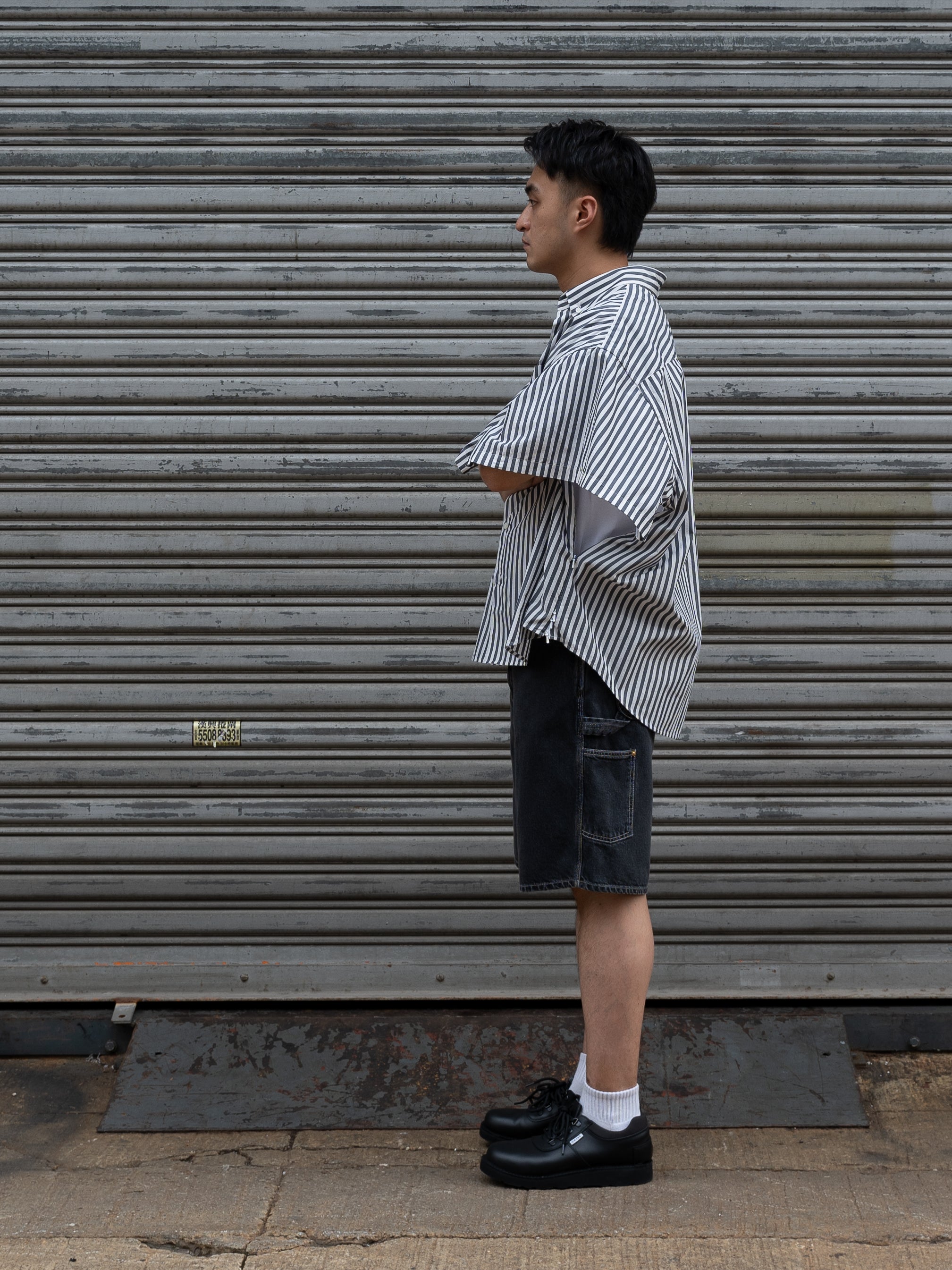 is-ness Ventilation Short Sleeve Shirt (White & Navy Stripe)