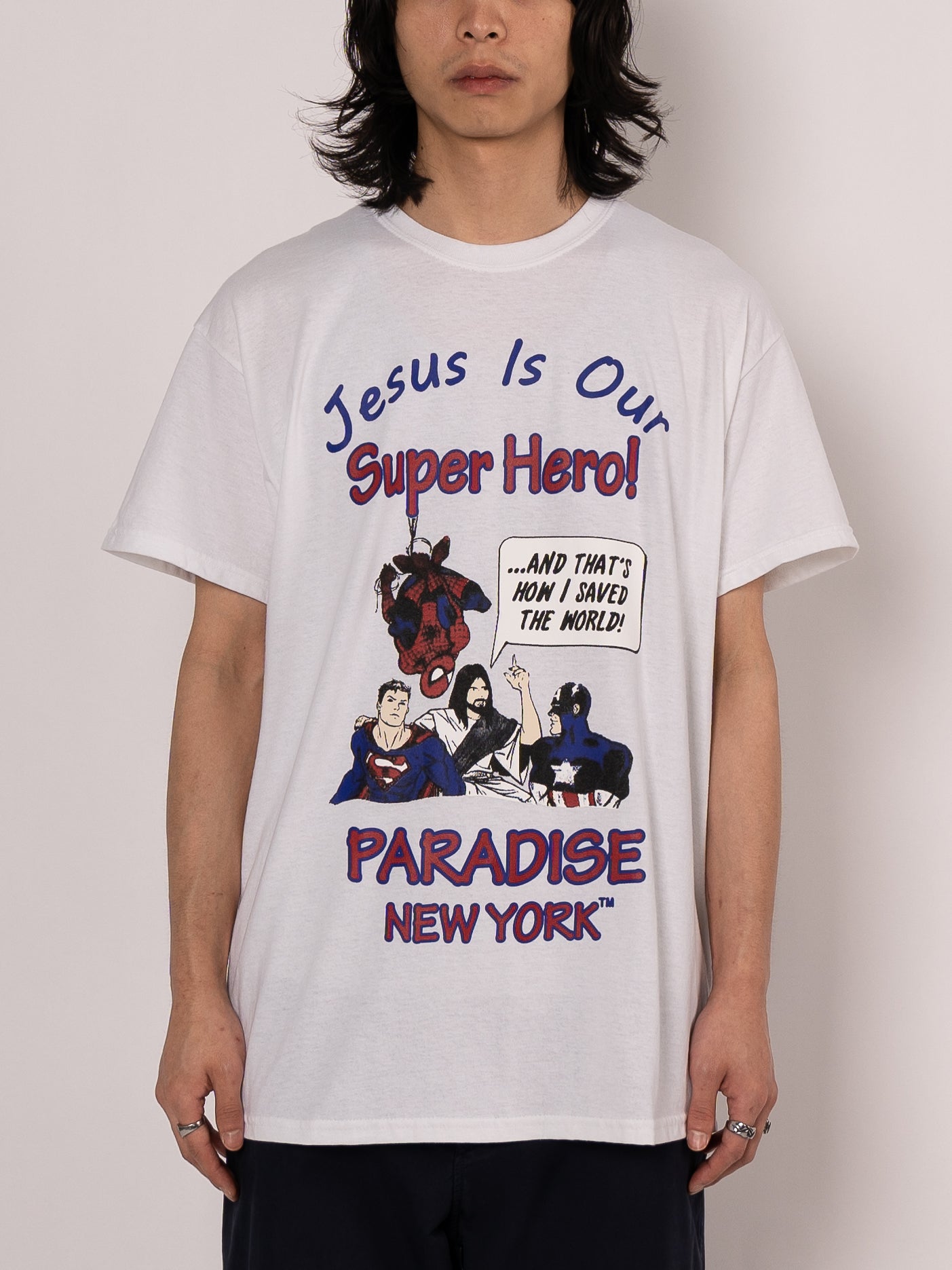 PARADISE NYC Jesus Is Our Super Hero SS Tee (White)
