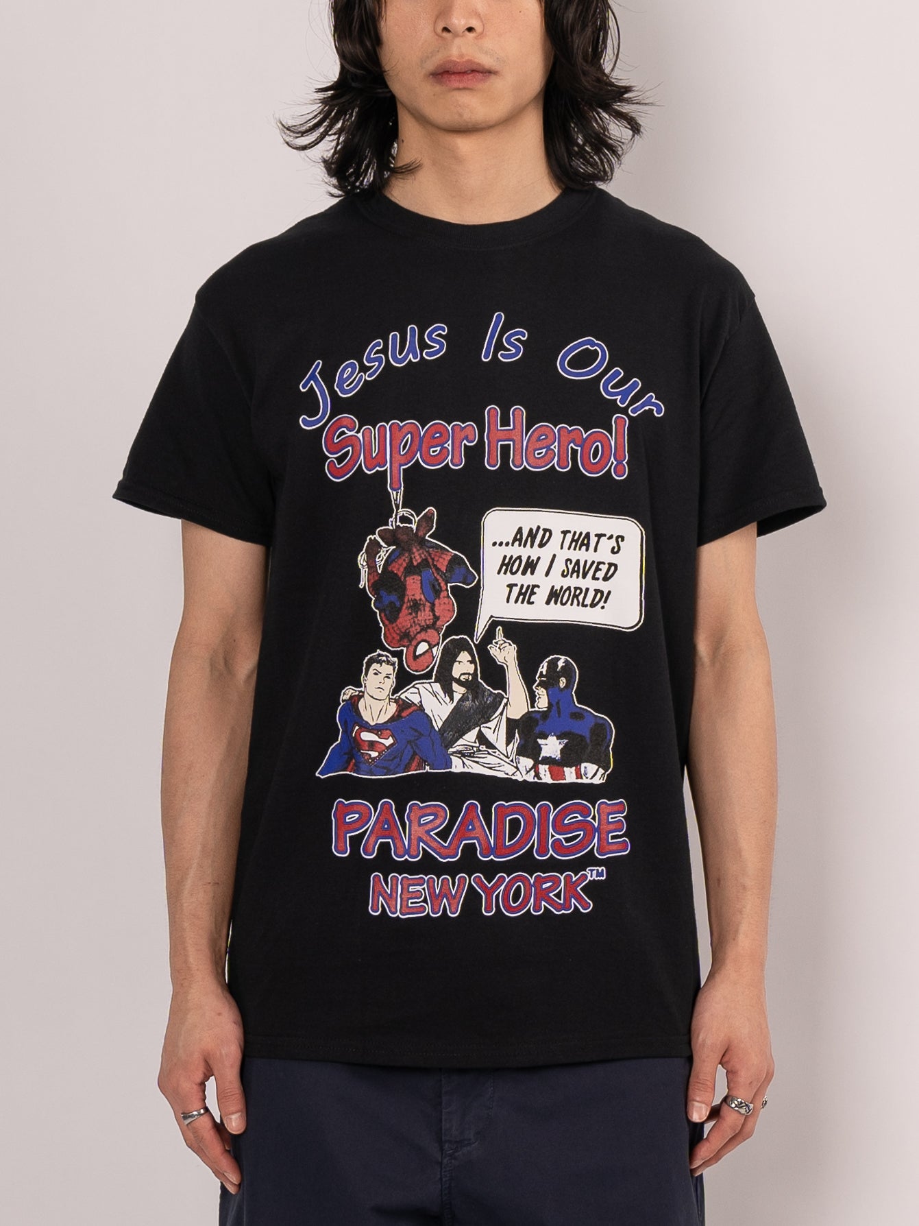PARADISE NYC Jesus Is Our Super Hero SS TEE (Black)